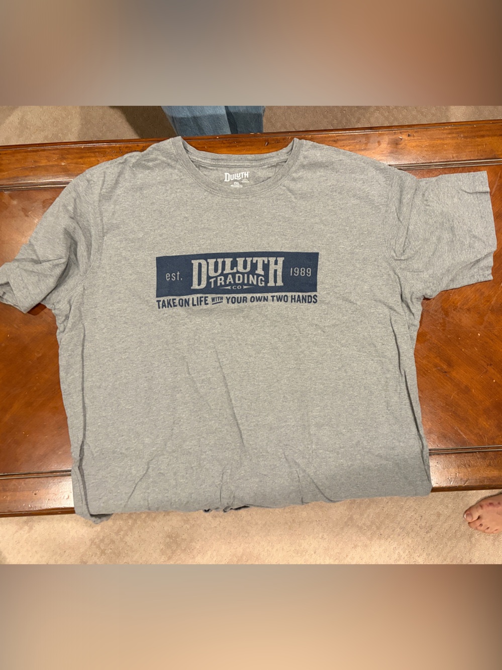Duluth Trading Co Heather Gray Short-Sleeve Logo Tee with Navy Print
